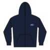 Navy blue zip-up hoodie with a front pocket and logo patch.