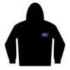 Black hoodie with a blue patch on the chest.