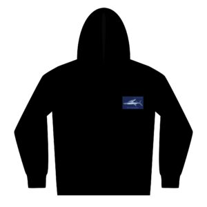 Black hoodie with a blue patch on the chest.