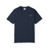 A navy blue T-shirt with a small colorful logo on the chest.