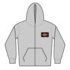 Gray zip-up hoodie with a graphic patch on the chest.
