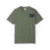 Olive green T-shirt with a small black and red logo on the left chest.