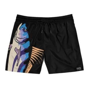 Black shorts with a colorful wolf graphic on one side.