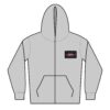 Gray zip-up hoodie with front pockets and a chest logo patch.