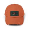 Orange baseball cap with a rectangular patch design.