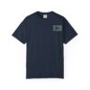 A navy blue T-shirt with a small rectangular design near the chest.