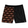 Pair of men's swim shorts with fish pattern and black panel.