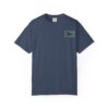 A navy blue short-sleeve t-shirt with a small rectangular graphic on the chest.