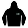Black hoodie with a small rectangular label on the chest.