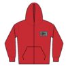 Red hooded sweatshirt with a black zipper and pocket design.