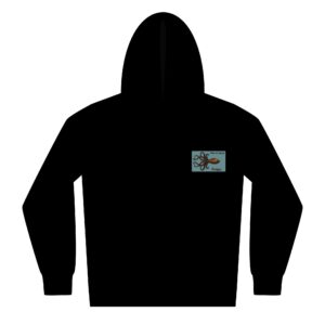 Black hoodie with a small rectangular label on the chest.