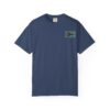 A navy blue short-sleeve t-shirt with a small printed design on the left chest.