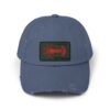 Blue baseball cap with a black rectangular patch.