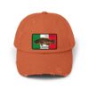 Rust-colored baseball cap with a Mexican flag patch and a bear design.