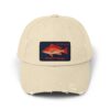Beige cap with a red fish patch design.