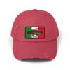 Red cap with Mexican flag and eagle patch.