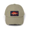 Beige baseball cap with a colorful fish patch on the front.