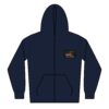 A navy blue zip-up hoodie with a small patch on the chest.