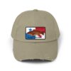 A beige baseball cap with a colorful patch of a fish and the word Texas.