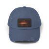 Blue baseball cap with a rectangular patch featuring a vintage car illustration.