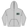 Gray hoodie with a small chest graphic and kangaroo pocket.