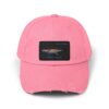 Pink baseball cap with a rectangular patch of a sunset over water.