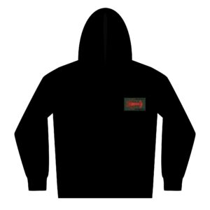 Black hoodie with a small rectangular logo on the chest.