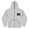 Gray zip-up hoodie with front pocket and chest patch.