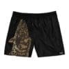 Black shorts with a brown camouflage pattern on one side.