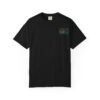 A black T-shirt with a small graphic on the chest pocket area.