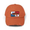 Rust-colored baseball cap with a colorful fish patch.