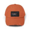 Orange baseball cap with a rectangular image patch.