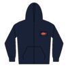 Navy blue zip-up hoodie with a small red and white logo on the chest.