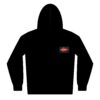 Black hoodie with a small colorful graphic on the chest.
