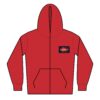 Red hoodie with zipper and front pocket.