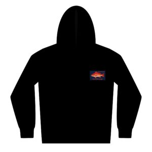 Black hoodie with a small colorful graphic on the chest.