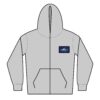 Gray zip-up hoodie with front pocket and logo patch on chest.