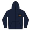 Navy blue zip-up hoodie with a small colorful patch on the chest.
