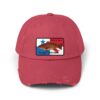 Red baseball cap with a Texas-themed patch.
