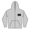 Gray zip-up hoodie with front pockets and a black label on the chest.