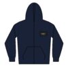 A navy blue zip-up hoodie with a front pocket and a small black patch on the chest.