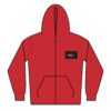 Red hooded sweatshirt with front pockets and a black logo patch.