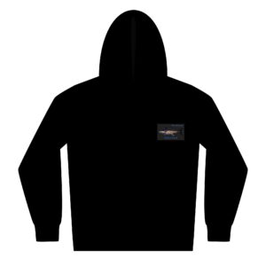 Black hoodie with a small rectangular logo on the chest.