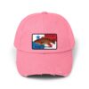 A pink baseball cap with a colorful fish patch.
