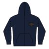 A navy blue zip-up hoodie with a front pocket and a chest patch.