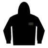 Black hoodie with a small rectangular patch on the chest.
