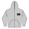 Gray zip-up hoodie with front pockets and a small patch on the chest.