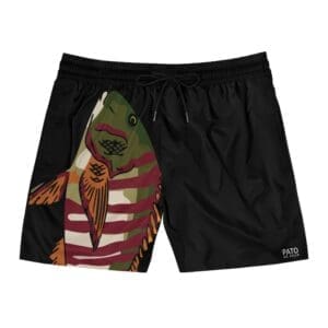 Black shorts with a graphic of a person in a striped shirt.