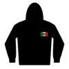 Black hoodie with a small Mexican flag patch on the chest.