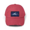 A red baseball cap with a space shuttle patch.